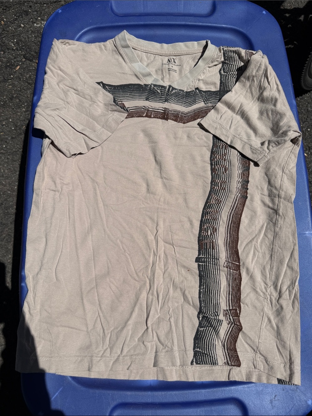 Armani Exchange Beige Tee with Brown and Black Graphic Stripes